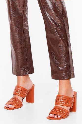 Woven Faux Leather Heeled Mules - Brown