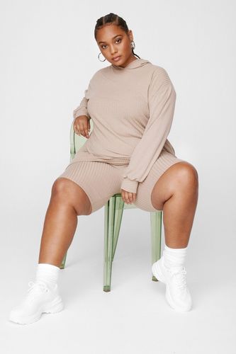 Plus Size Ribbed Hoodie And Shorts Set - Stone
