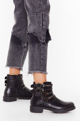Like I Give a Buck-le Faux Leather Ankle Boots - Black