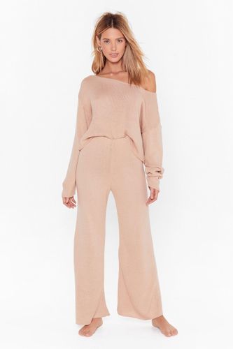 Knit Off-The-Shoulder Lounge Sweater And High-Waisted Pants - Nude