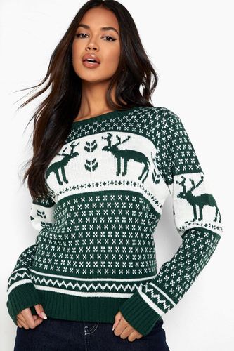 Snowflake And Reindeer Knitted Christmas Sweater - Green - S