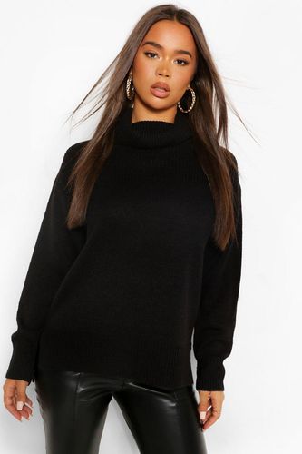 Turtleneck Tunic Length Chunky Sweater - Black - S