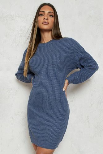 Crew Neck Sweater Dress - Blue - L