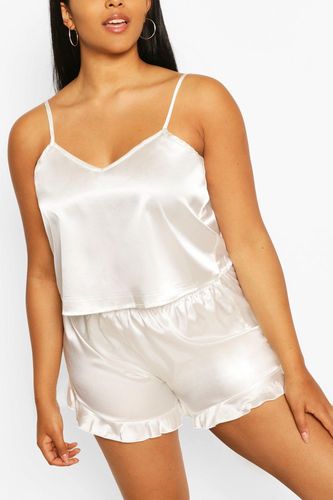 Plus Satin Ruffle Cami Pajama Set - White - 12