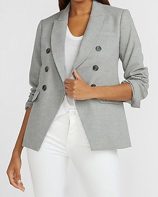 Double Breasted Flannel Cropped Business Blazer Women's Heather Gray
