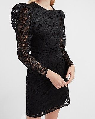 Lace Puff Sleeve Fit And Flare Dress Women's Pitch Black