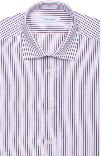 CAMICIA FANTASIA BIANCA A RIGHE BLU E ROSSE, MANICA CORTA, SLIM FRANCESE