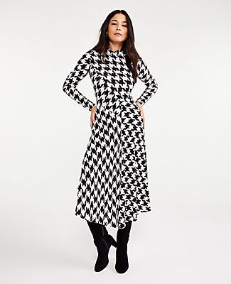 Houndstooth Mock Neck Midi Dress