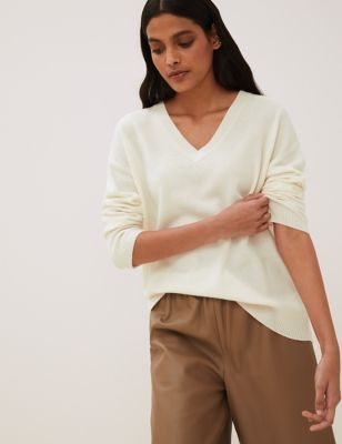 Marks & Spencer Pure Cashmere V-Neck Relaxed Jumper - Cream - Small