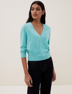 Marks & Spencer Pure Cashmere Cropped Cardigan - Bright Jade - Extra Small