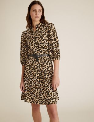 Marks & Spencer Animal Print Collared Swing Dress - Natural Mix - US 2 (UK 6)