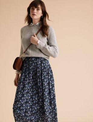 Marks & Spencer Floral Tiered Midi Skirt - Navy Mix - US 2 (UK 6)