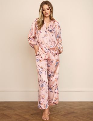 Marks & Spencer Satin Floral Print Pyjama Set - Pink Mix - US 2 (UK 6)