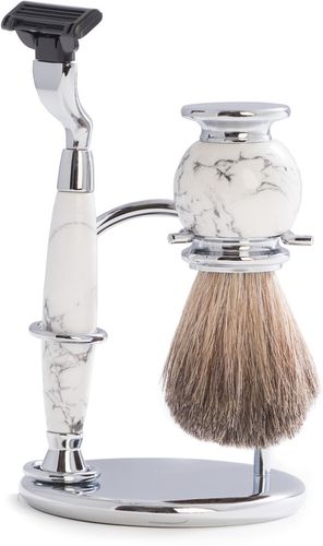 Mach 3 Razor & Pure Badger Brush on Chrome with White Stone Stand