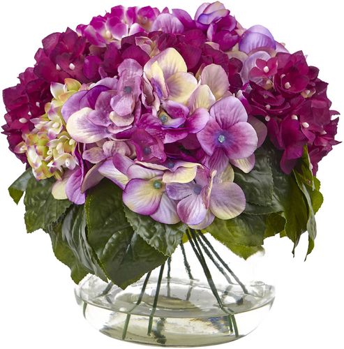 Nearly Natural Multi-Tone Beauty Hydrangea with Round Glass Vase