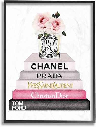 Stupell Book Stack Fashion Candle Pink Rose by Amanda Greenwood Framed Art