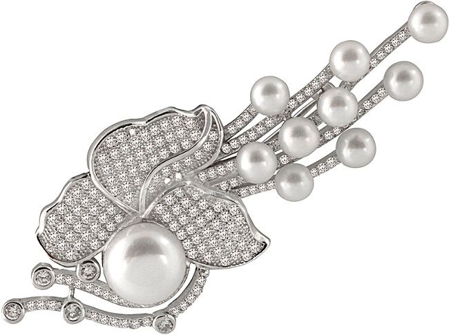 Splendid Pearls Silver 4-11mm Pearl & CZ Brooch