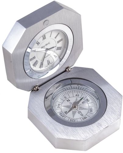 Bey-Berk Compass & Clock in Stainless Steel Hinged Case