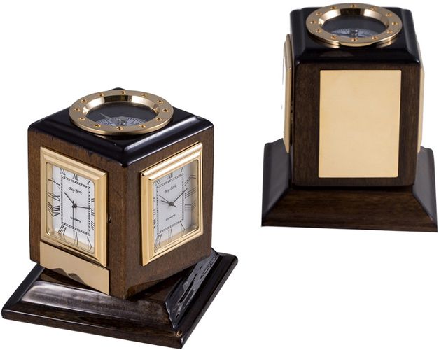Bey-Berk Lacquered Walnut Wood Three Time Zone Revolving Desk Clock