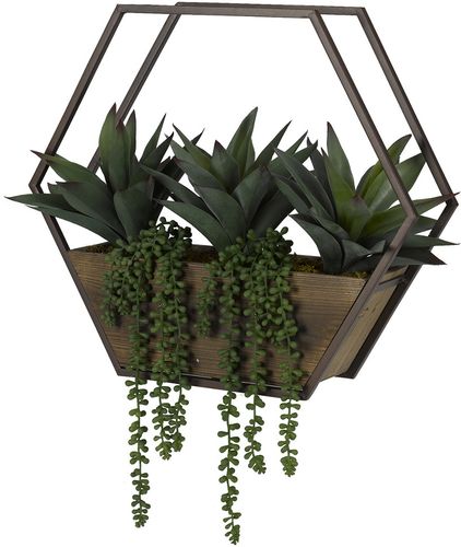 D&W Silks Aloe Plants and String Of Pearls in Wood/Metal Wall Sconce