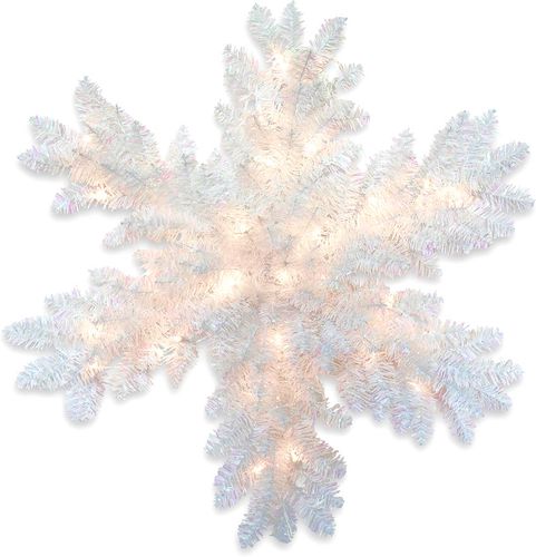 National Tree 32in White Iridescent Tinsel Snowflake w/ 35 Warm White Battery Operated LED Lights & Timer