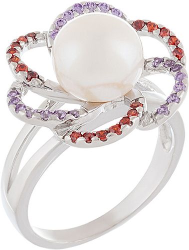 Splendid Pearls Rhodium Plated 7.5-8mm Pearl & CZ Ring