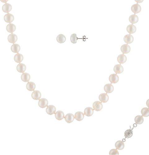 Splendid Pearls Silver 8-8.5mm Freshwater Pearl Earrings & Necklace Set