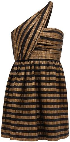 One-shoulder Striped Lamé Silk-blend Dress - Womens - Black Gold