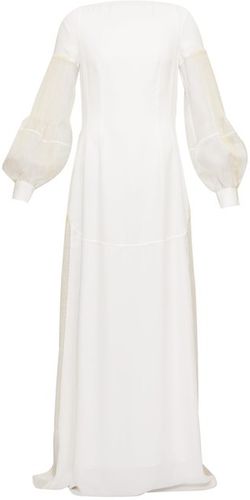Embroidered Pleated-sleeve Open-back Crepe Dress - Womens - White