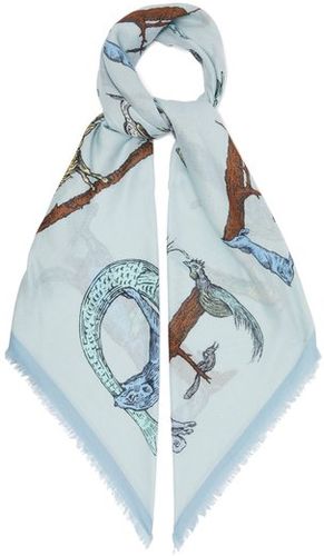 Frayed-edge Animal-print Twill Scarf - Womens - Light Blue