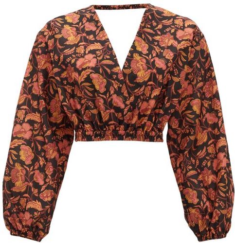 Open-back Floral-print Cropped Cotton Blouse - Womens - Pink Print