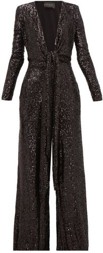 Plunge-front Sequinned Jumpsuit - Womens - Black