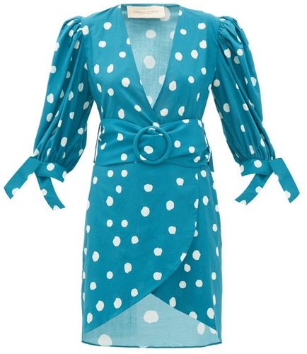Polka-dot Belted Cotton Wrap Dress - Womens - Blue Print