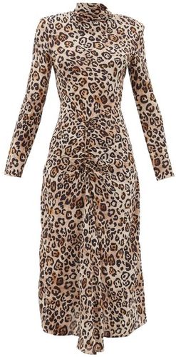 Exaggerated-shoulder Leopard-print Silk Dress - Womens - Brown Print
