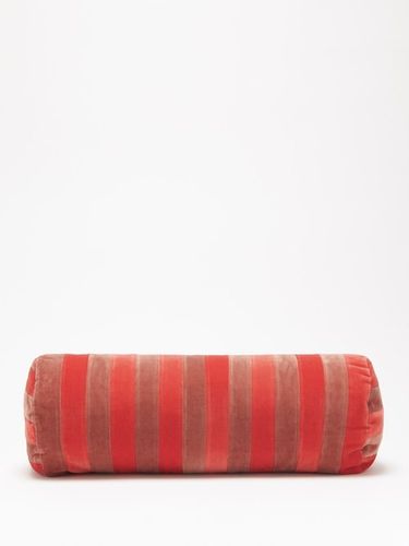 Cylindrical Striped Cotton-velvet Bolster Cushion - Red Multi