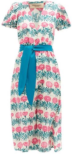 Puff-sleeve Belted Floral-print Silk Midi Dress - Womens - Pink Print