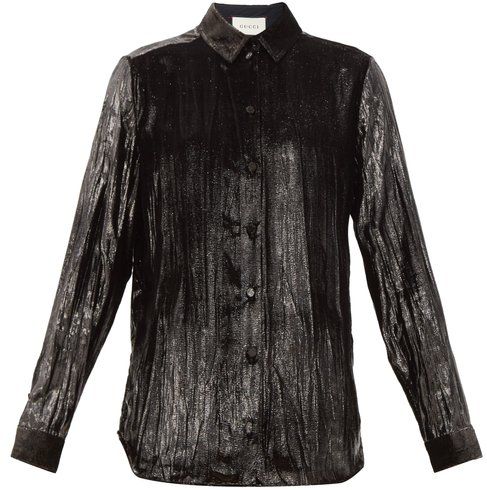 Creased Lamé-velvet Shirt - Womens - Black