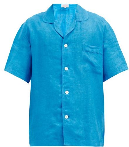 Curved-collar Short-sleeved Linen Shirt - Mens - Light Blue