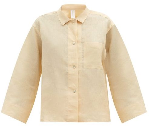 Long Sleeve Linen-poplin Pyjama Shirt - Womens - Light Yellow