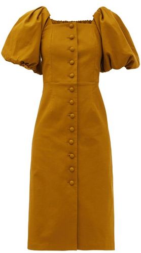 Marianne Puff-sleeve Buttoned Cotton Dress - Womens - Green