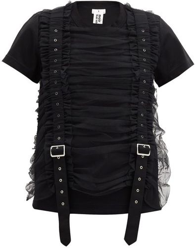 Ruched-tulle Strapped Cotton T-shirt - Womens - Black