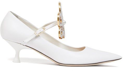 Flower-brooch Point-toe Leather Pumps - Womens - White