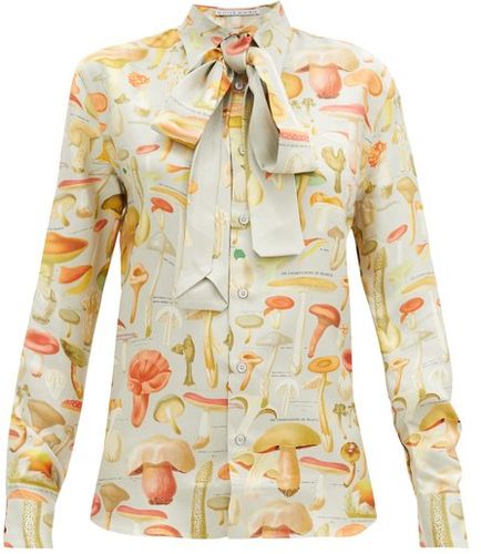 Mushroom-print Silk-twill Shirt - Womens - Silver Multi