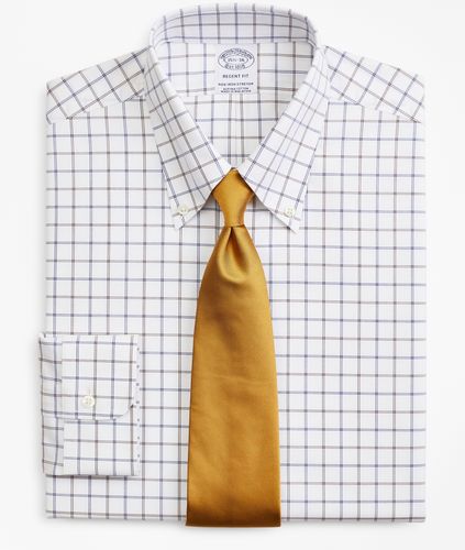 Stretch Regent Fitted Dress Shirt, Non-Iron Poplin Button-Down Collar Double-Grid Check