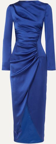 Gathered Satin Midi Dress - Navy