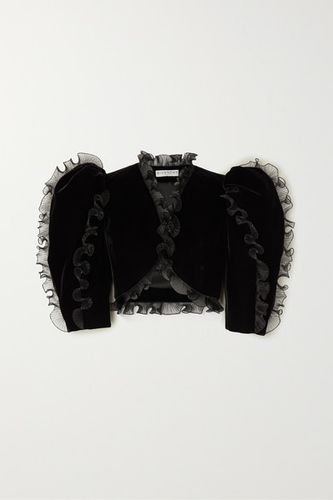 Cropped Ruffled Plissé Organza-trimmed Velvet Jacket - Black