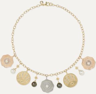Coin 14-karat Yellow, Rose And White Gold Pearl, Diamond And Emerald Necklace