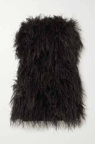 Strapless Feather-trimmed Satin Mini Dress - Black