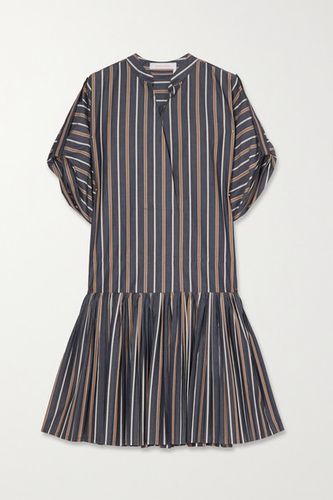 Pleated Striped Cotton-poplin Mini Dress - Blue