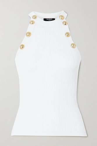 Button-embellished Ribbed-knit Tank - White